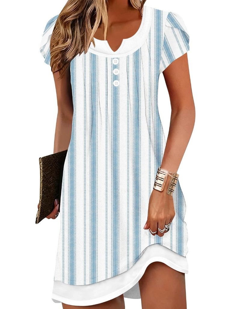 Women's Striped Navy Dress Cover Up V Neck Button Casual Swimwear 2026 Sundress